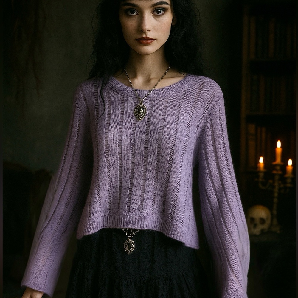 The Ragged Priest Purple Pastel Goth Ripped UK Style Boxy Sweater, M